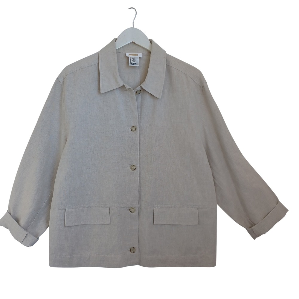 Talbots Womens Large Oatmeal Beige Linen Cotton Button Up Chore Jacket Pockets